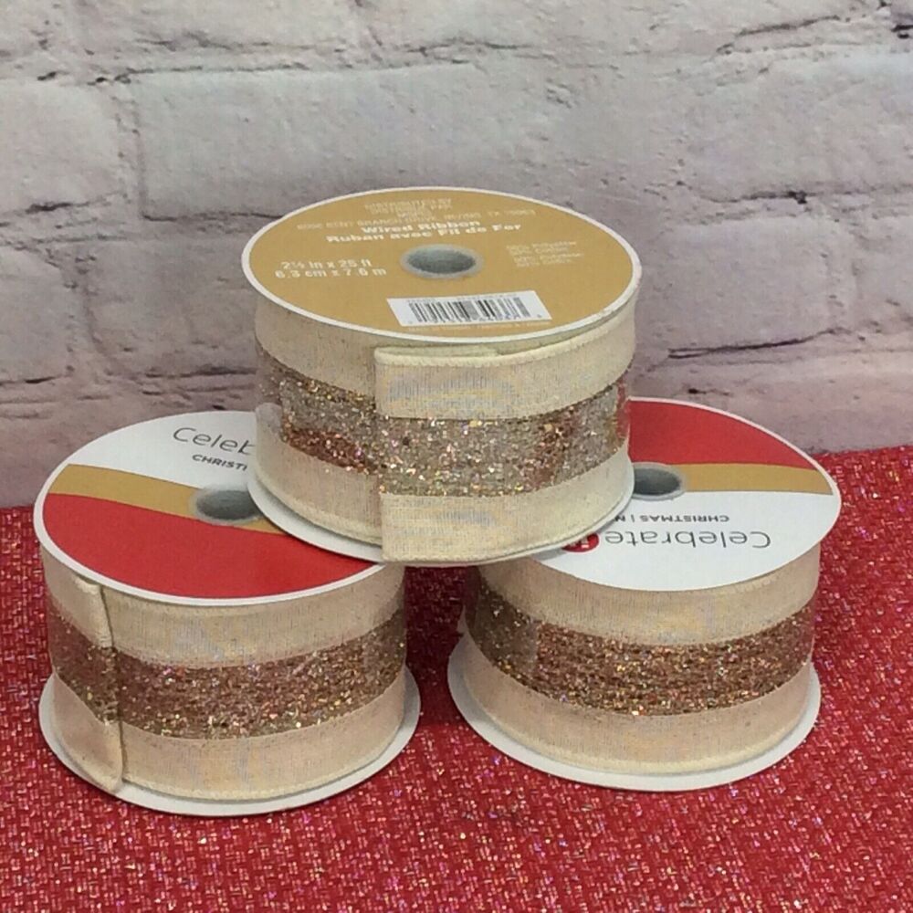Celebrate it Christmas Ribbon 3 Rolls Burlap w/Gold Glitter Stripe 2.5” x 25’ Ea